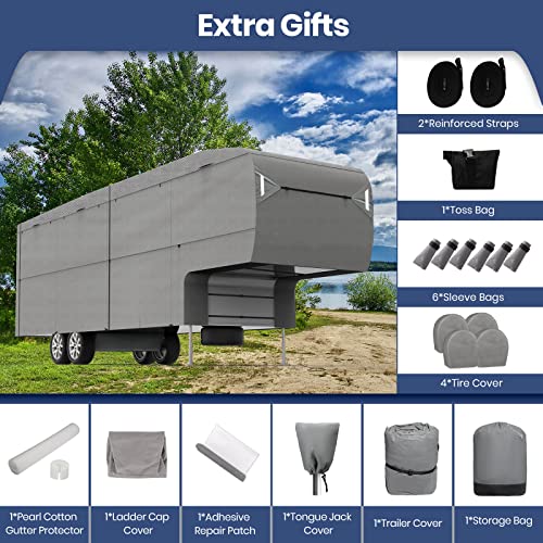 XGEAR Easy Setup 29' -33' 5th Wheel RV Cover Windproof 5th Wheel Cover, Extra 5-Layer top Roof for Max Weather Protection, Grey ( Grey/Easy Setup W 4 Tire Covers and Kits)