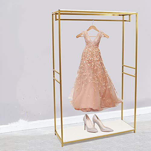 75"Retail Gold Clothing Racks with Shelves,Boutiques Garment Rack Wedding Dress Display Rack Metal Clothes Rack Heavy Duty Commercial Floor Standing Closet Hanging Rod Shoes Bag Clothes Organizer