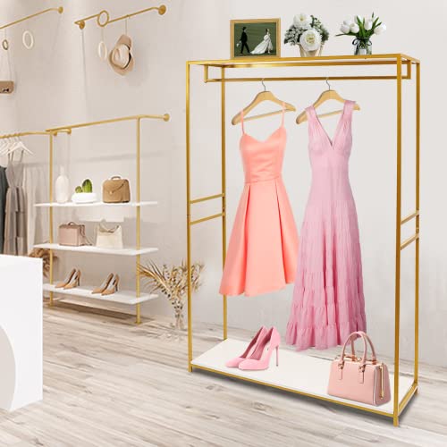 75"Retail Gold Clothing Racks with Shelves,Boutiques Garment Rack Wedding Dress Display Rack Metal Clothes Rack Heavy Duty Commercial Floor Standing Closet Hanging Rod Shoes Bag Clothes Organizer