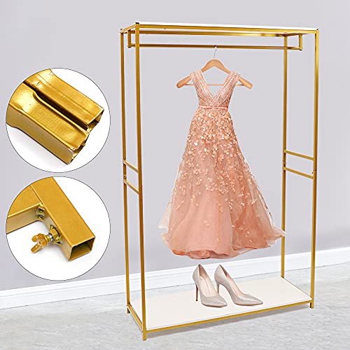 75"Retail Gold Clothing Racks with Shelves,Boutiques Garment Rack Wedding Dress Display Rack Metal Clothes Rack Heavy Duty Commercial Floor Standing Closet Hanging Rod Shoes Bag Clothes Organizer