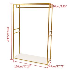 75"Retail Gold Clothing Racks with Shelves,Boutiques Garment Rack Wedding Dress Display Rack Metal Clothes Rack Heavy Duty Commercial Floor Standing Closet Hanging Rod Shoes Bag Clothes Organizer