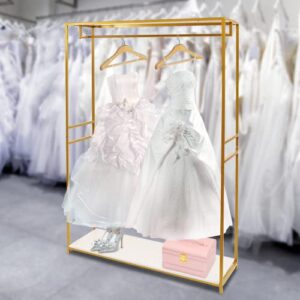 75"Retail Gold Clothing Racks with Shelves,Boutiques Garment Rack Wedding Dress Display Rack Metal Clothes Rack Heavy Duty Commercial Floor Standing Closet Hanging Rod Shoes Bag Clothes Organizer