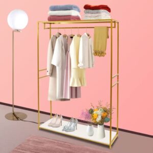 75"Retail Gold Clothing Racks with Shelves,Boutiques Garment Rack Wedding Dress Display Rack Metal Clothes Rack Heavy Duty Commercial Floor Standing Closet Hanging Rod Shoes Bag Clothes Organizer