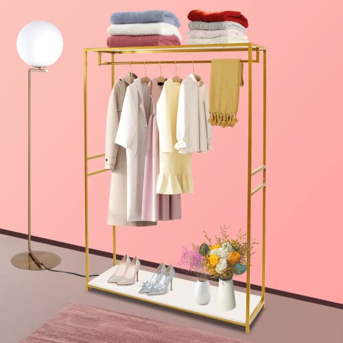 75"Retail Gold Clothing Racks with Shelves,Boutiques Garment Rack Wedding Dress Display Rack Metal Clothes Rack Heavy Duty Commercial Floor Standing Closet Hanging Rod Shoes Bag Clothes Organizer