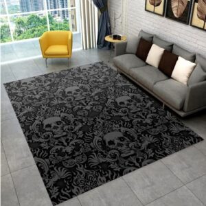 Vintage Black Gothic Skull Damask Halloween Area Rugs Indoor Floor Carpet Runner Rug Floor Mat Entrance Rug Non-Slip Throw Rugs Carpet Home Decor for Bedroom Living Room