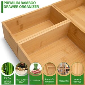 KOOHOAMZ 8 Pcs Bamboo drawer Organizer Storage Box, Bin Set - Multi-Use bamboo Drawer Organizer Storage boxes for Kitchen Utensils, Bathroom, Office Desk, Makeup(8 Boxes)