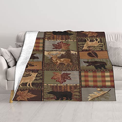 Country Style Rustic Cabin Wildlife Ultra-Soft Micro Fleece Throw Blanket,Lodge Bear Moose Deer,Custom Warm Lightweight Blanket for Couch Bed Living Room Bedroom Sofa 80"x60"