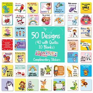 50 different design cards lunch notes for kids, with 20 sheets of complimentary puffy stickers, lunch box notes for kids unique designs, lunch box notes for boys and girls, kids affirmation cards