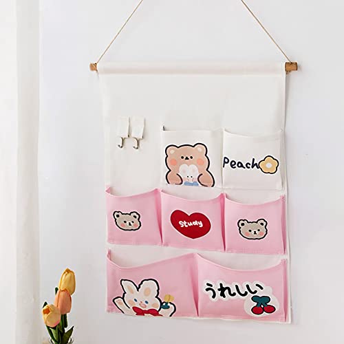 AONUOWE Japanese Cartoon Room Decor Cute Aesthetic Pastel Accessories for Room Decor Kawaii Wall Organizer Hanging Shelves (7 Pockets, Pink)