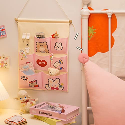 AONUOWE Japanese Cartoon Room Decor Cute Aesthetic Pastel Accessories for Room Decor Kawaii Wall Organizer Hanging Shelves (7 Pockets, Pink)