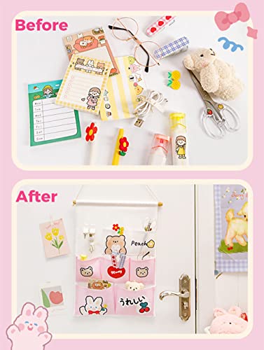 AONUOWE Japanese Cartoon Room Decor Cute Aesthetic Pastel Accessories for Room Decor Kawaii Wall Organizer Hanging Shelves (7 Pockets, Pink)