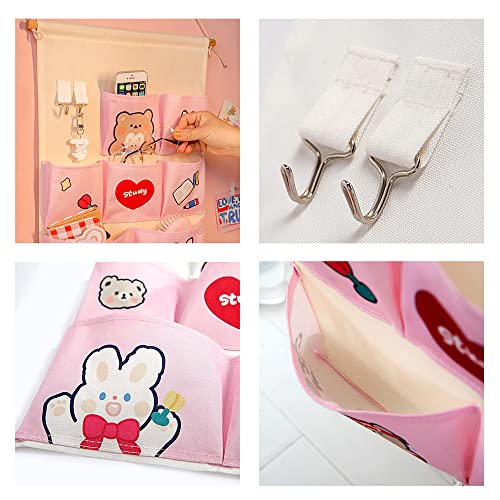 AONUOWE Japanese Cartoon Room Decor Cute Aesthetic Pastel Accessories for Room Decor Kawaii Wall Organizer Hanging Shelves (7 Pockets, Pink)