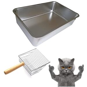 KUNWU Stainless Steel Food Grade 20" x 14" x 6" Extra Large Cat Litter Box with Silver Scoop Set