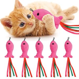 zeyzoo 5pcs catnip toy, cat nip pink fish interactive cat toy, kitten toys catnip filled plush toys, feather teaser accessories for cat wand toy, kitten teething chew toys for cats