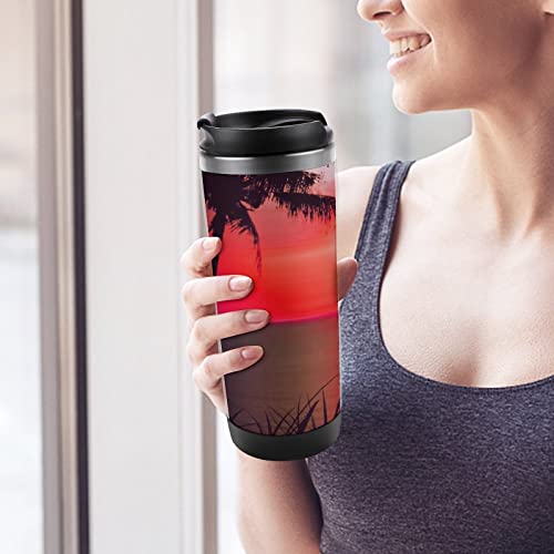 Oyihfvs Tropical Palm Tree Bird Sun Stainless Steel Water Bottle, Leak-Proof Hot Cold Insulated Travel Mug, Double Walled with Handle Thermo Cup Bottle 13 Oz