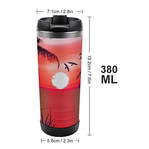 Oyihfvs Tropical Palm Tree Bird Sun Stainless Steel Water Bottle, Leak-Proof Hot Cold Insulated Travel Mug, Double Walled with Handle Thermo Cup Bottle 13 Oz