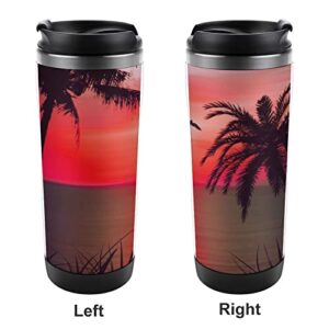 Oyihfvs Tropical Palm Tree Bird Sun Stainless Steel Water Bottle, Leak-Proof Hot Cold Insulated Travel Mug, Double Walled with Handle Thermo Cup Bottle 13 Oz