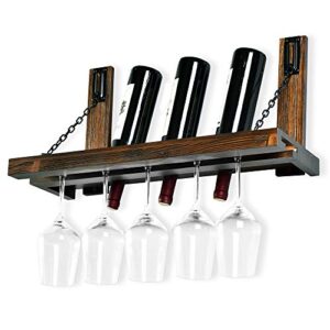 wall mounted wine rack with glass holder, floating wine shelf for kitchen, rustic pine wood