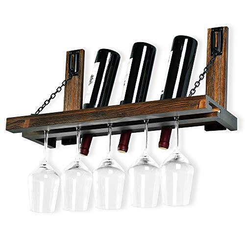 Wall Mounted Wine Rack with Glass Holder, Floating Wine Shelf for Kitchen, Rustic Pine Wood