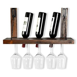 Wall Mounted Wine Rack with Glass Holder, Floating Wine Shelf for Kitchen, Rustic Pine Wood