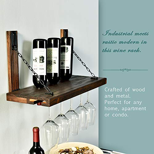Wall Mounted Wine Rack with Glass Holder, Floating Wine Shelf for Kitchen, Rustic Pine Wood