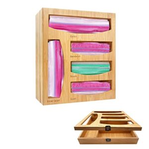 Gelmaza Bamboo Ziplock Bag Organizer for Kitchen Drawer, Food Storage Baggie Organizer Wall Mount, Sandwich Snack Bag Organizer, Plastic Bag Organizer Holder For Gallon, Quart, Sandwich, Snack