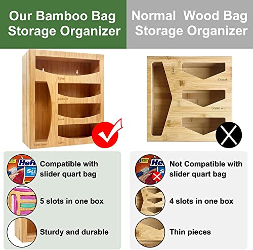 Gelmaza Bamboo Ziplock Bag Organizer for Kitchen Drawer, Food Storage Baggie Organizer Wall Mount, Sandwich Snack Bag Organizer, Plastic Bag Organizer Holder For Gallon, Quart, Sandwich, Snack