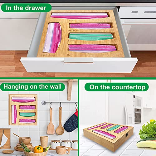 Gelmaza Bamboo Ziplock Bag Organizer for Kitchen Drawer, Food Storage Baggie Organizer Wall Mount, Sandwich Snack Bag Organizer, Plastic Bag Organizer Holder For Gallon, Quart, Sandwich, Snack