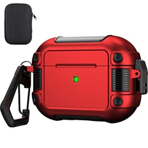 valkit compatible airpods pro case cover with lock, full-body military rugged air pod pro shockproof case for men women hard shell ipod pro protective skin with keychain for airpods pro 2019, red