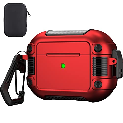 Valkit Compatible Airpods Pro Case Cover with Lock, Full-Body Military Rugged Air Pod Pro Shockproof Case for Men Women Hard Shell iPod Pro Protective Skin with Keychain for Airpods Pro 2019, Red