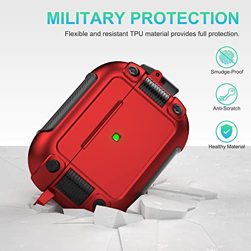 Valkit Compatible Airpods Pro Case Cover with Lock, Full-Body Military Rugged Air Pod Pro Shockproof Case for Men Women Hard Shell iPod Pro Protective Skin with Keychain for Airpods Pro 2019, Red