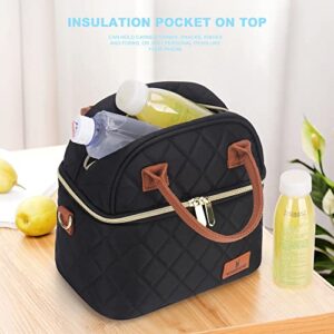 VS VOGSHOW Lunch Bag for Women, Quilted Dual Compartment Insulated Small Lunch Box Bag for Work, Freezable Soft Lunch Cooler Tote Bag