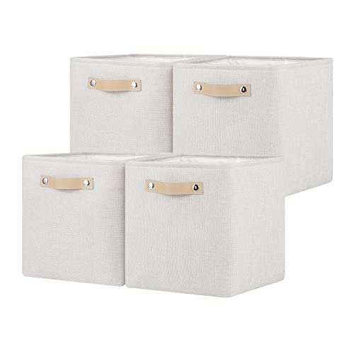 EvanColin Fabric Storage Cubes for Office, Home, Laundry, Square Cube baskets 11x11, Foldable Cube Storage Bins with Leather Handles for Closet, Organizing, Toys(Beige,4-Pack)