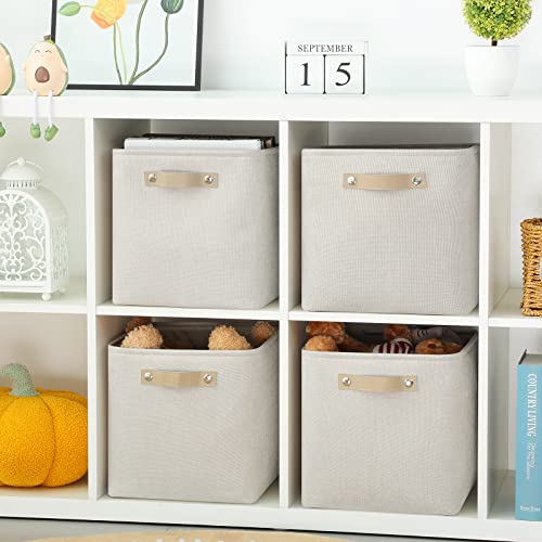 EvanColin Fabric Storage Cubes for Office, Home, Laundry, Square Cube baskets 11x11, Foldable Cube Storage Bins with Leather Handles for Closet, Organizing, Toys(Beige,4-Pack)