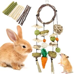 hosfroll rabbit toys, bunny chew toys cage hanging guinea pig toys rattan ring with 12pcs sticks snacks for rat hamster