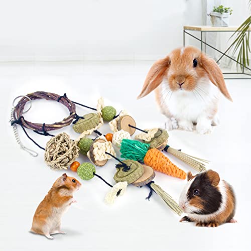 HOSFROLL Rabbit Toys, Bunny Chew Toys Cage Hanging Guinea Pig Toys Rattan Ring with 12Pcs Sticks Snacks for Rat Hamster