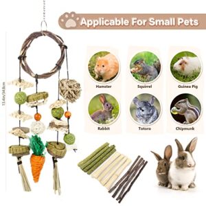 HOSFROLL Rabbit Toys, Bunny Chew Toys Cage Hanging Guinea Pig Toys Rattan Ring with 12Pcs Sticks Snacks for Rat Hamster