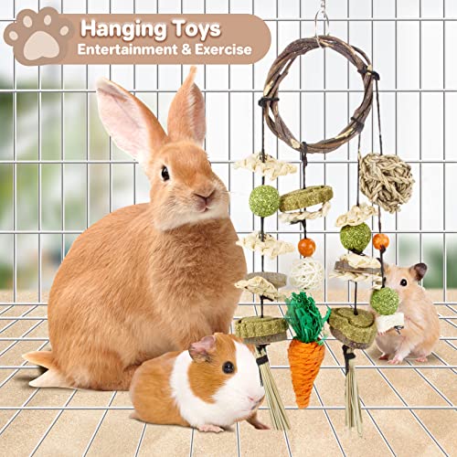HOSFROLL Rabbit Toys, Bunny Chew Toys Cage Hanging Guinea Pig Toys Rattan Ring with 12Pcs Sticks Snacks for Rat Hamster