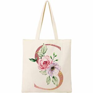 beegreen initial tote bag personalized gift tote bag with 2 inner pockets floral canvas tote bag for for women monogram tote bag for bridesmaid wedding day bachelorette shower party (letter s)