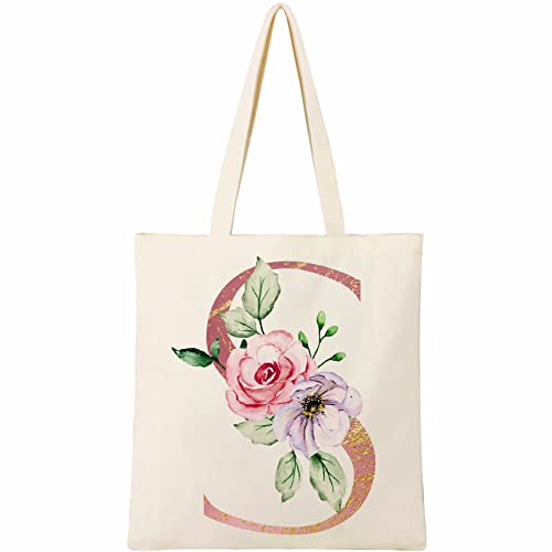 BeeGreen Initial Tote Bag Personalized Gift Tote Bag with 2 Inner Pockets Floral Canvas Tote Bag for for Women Monogram Tote Bag for Bridesmaid Wedding Day Bachelorette Shower Party (Letter S)