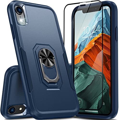 Oneagle for iPhone XR Case, 2 in 1 Heavy Duty Kickstand iPhone Xr Case with [Tempered Glass Screen Protector][ 360°Rotating Ring Stand]Slim Military Grade Shockproof Phone Case for iPhone XR 6.1 inch