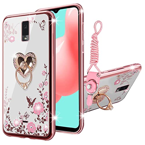 for Blu View 3 Phone Case, Blu View 3 Case for Women Glitter Crystal Butterfly Heart Floral TPU Luxury Bling Cute Protective Cover with Kickstand Strap Glitter for Blu View 3 B140DL (Rose Gold)