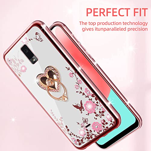 for Blu View 3 Phone Case, Blu View 3 Case for Women Glitter Crystal Butterfly Heart Floral TPU Luxury Bling Cute Protective Cover with Kickstand Strap Glitter for Blu View 3 B140DL (Rose Gold)