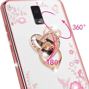 for Blu View 3 Phone Case, Blu View 3 Case for Women Glitter Crystal Butterfly Heart Floral TPU Luxury Bling Cute Protective Cover with Kickstand Strap Glitter for Blu View 3 B140DL (Rose Gold)