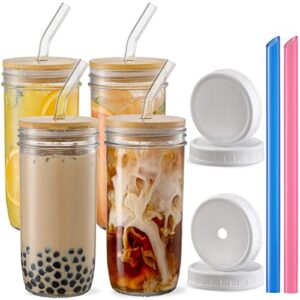 4 pack glass cups set - 24oz mason jar with bamboo lids and glass straw & 2 airtight lids - cute boba drinking glasses, reusable travel tumbler bottle for iced coffee, smoothie, bubble tea, gift