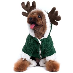 aofitee dog christmas reindeer costume dog onesie soft comfy coral velvet pajamas, pet warm winter hoodies jumpsuits for holiday party (small, green)