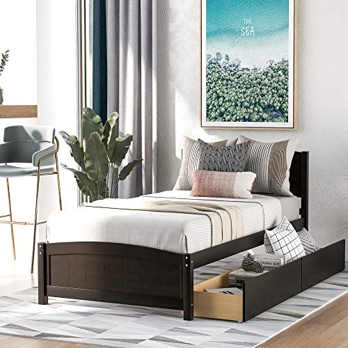 Twin Size Platform Bed with 2 Storage Drawers, Solid Wood Twin Bed Frame with Slat Support and Headboard for Kids, Teen, Adults, No Box Spring Needed(Twin, Espresso)