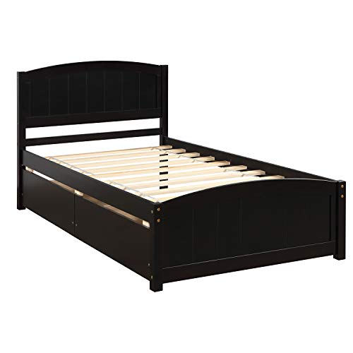 Twin Size Platform Bed with 2 Storage Drawers, Solid Wood Twin Bed Frame with Slat Support and Headboard for Kids, Teen, Adults, No Box Spring Needed(Twin, Espresso)