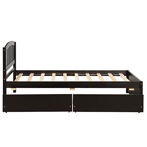 Twin Size Platform Bed with 2 Storage Drawers, Solid Wood Twin Bed Frame with Slat Support and Headboard for Kids, Teen, Adults, No Box Spring Needed(Twin, Espresso)