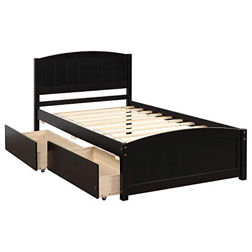 Twin Size Platform Bed with 2 Storage Drawers, Solid Wood Twin Bed Frame with Slat Support and Headboard for Kids, Teen, Adults, No Box Spring Needed(Twin, Espresso)